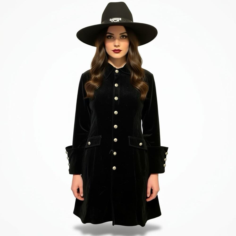 CHARADES Treasure Island Pirate Coat Velour Long Black Skulls Unisex Adult S USA - Picture 3 of 16